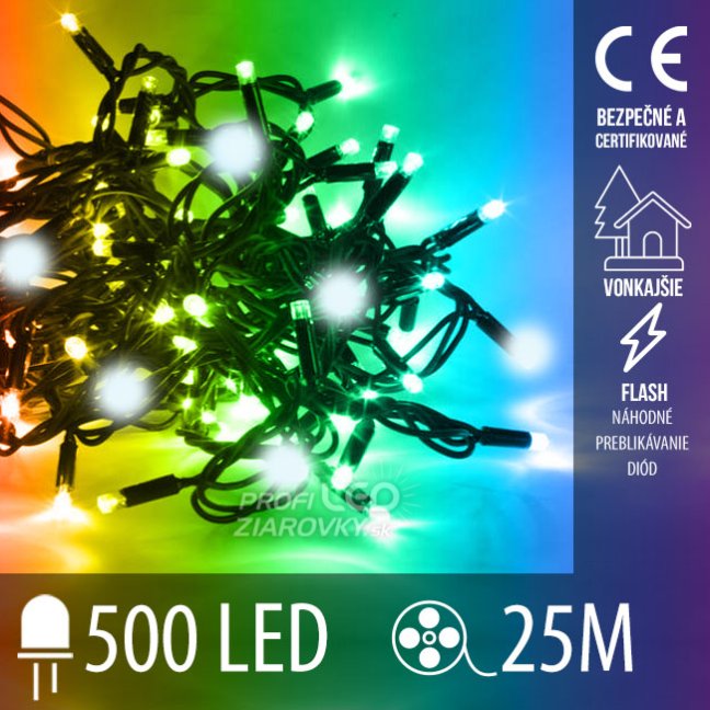 Svetelná reťaz vonkajšia 25 m, 500 LED, farebná, flash studená biela