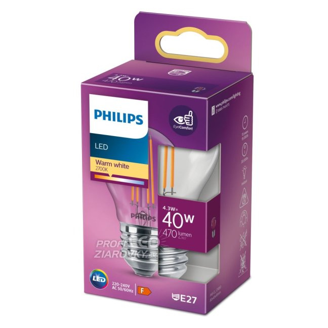 LED žiarovka E27 P45 4,3W = 40W 470lm 2700K Teplé vlákno PHILIPS