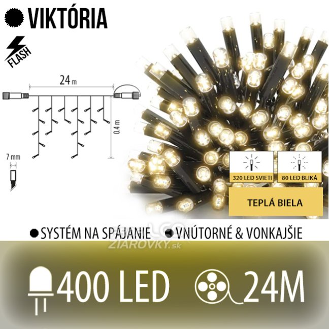 Svetelný záves vonkajší 24 m, 400 LED, teplá biela, flash teplá biela – Viktória
