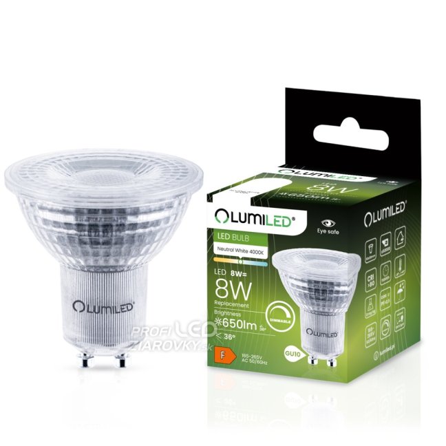 LED žiarovka GU10 8W = 80W 650lm 4000K Neutrálny reflektor 36° Stmievateľná Lumiled