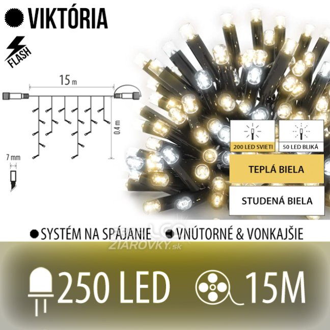 Svetelný záves vonkajší 15 m, 250 LED, teplá biela, flash studená biela – Viktória