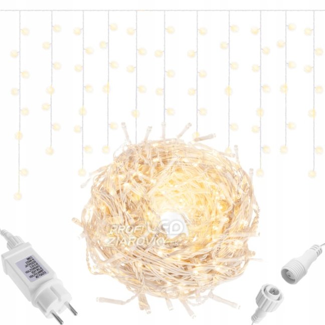 Svetelný záves vonkajší 8 m, 200 LED, teplá biela, 8 programov
