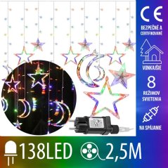 Vianočná led svetelná záclona na spájanie vonkajšia - hviezdy/mesiace - programy - 138led - 2,5m multicolour