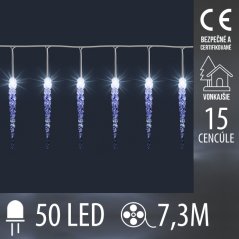 Vianočná led svetelná reťaz vonkajšia - 15 cencúle - 50led - 7,3m studená biela