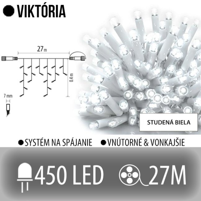 Viktória led svetelná záclona vonkajšia - 450led - 27m studená biela - biely kábel