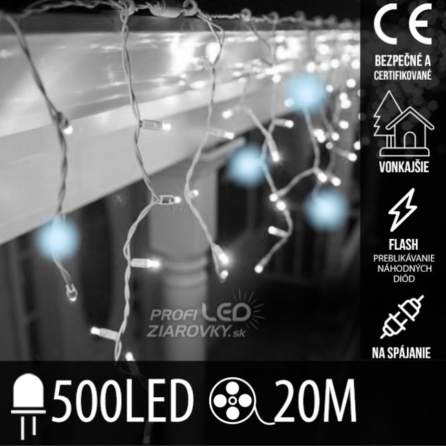 Svetelný záves s cencúľmi vonkajší 20 m, 500 LED, studená biela, flash, na spájanie