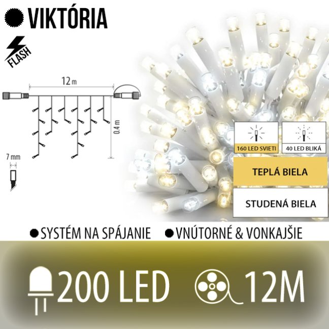 Viktória led svetelná záclona vonkajšia flash - 200led - 12m teplá biela / flash prebliknutie studená biela - biely kábel