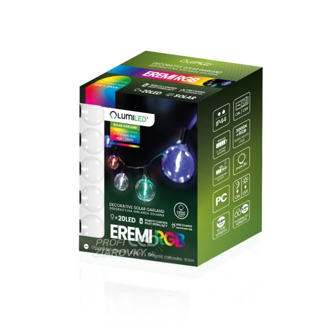 Solárna záhradná girlanda 20x LED dekoratívne žiarovky G50 10,6 m 3000K RGB + diaľkové ovládanie EREMI LUMILED