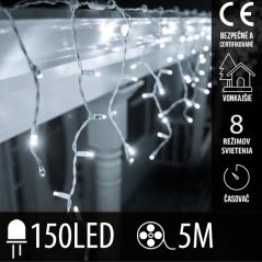 Svetelný záves vonkajší 5 m, 150 LED, studená biela, 8 programov