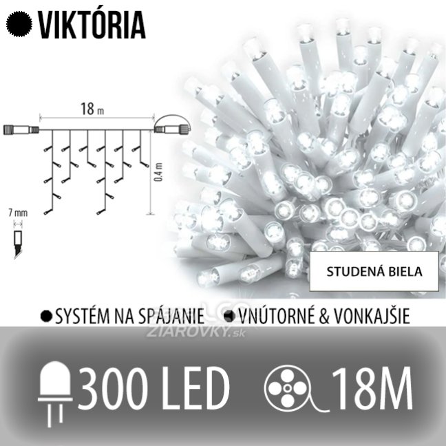 Svetelný záves vonkajší 18 m, 300 LED, studená biela, biely kábel – Viktória
