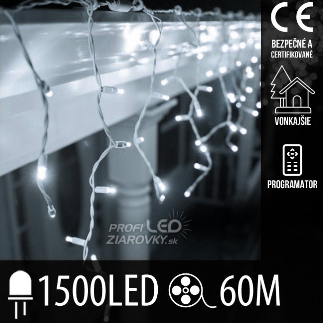 Svetelný záves vonkajší 60 m, 1500 LED, studená biela, svetelné programy
