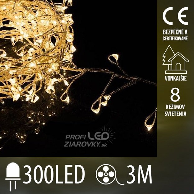 Svetelná mikro reťaz cluster vonkajšia 3 m, 300 LED, teplá biela, 8 programov