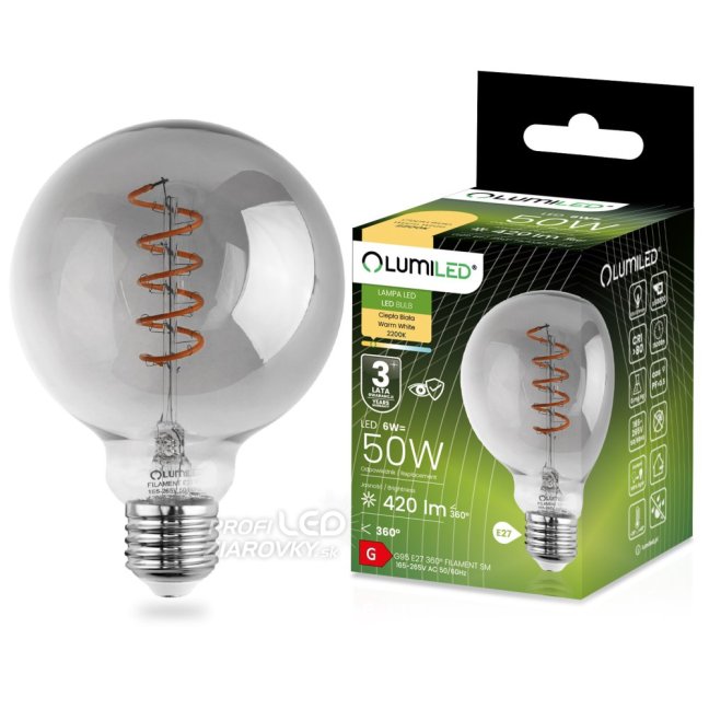 Dekoratívna LED žiarovka E27 G95 6W = 50W 420lm 2200K Teplé 360° vlákno LUMILED GLOBE Smokey