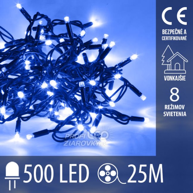 Svetelná reťaz vonkajšia 25 m, 500 LED, modrá, svetelné programy