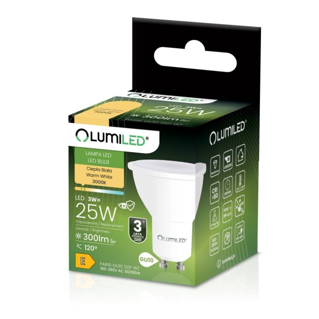 LED žiarovka GU10 reflektor PAR16 3W = 25W 300lm 3000K teplá 120° LUMILED