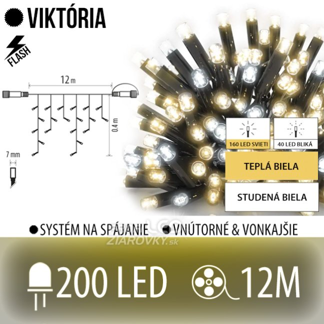 Svetelný záves vonkajší 12 m, 200 LED, teplá biela, flash studená biela – Viktória