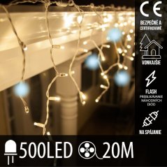 Svetelný záves s cencúľmi vonkajší 20 m, 500 LED, teplá biela, flash studená biela, na spájanie
