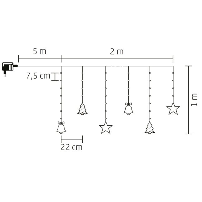 Vianočná led svetelná záclona vonkajšia - záves - zvonček/stromček/hviezda - 186led - 2m teplá biela