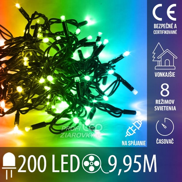 Svetelná reťaz vonkajšia 9,95 m, 200 LED, farebná, na spájanie, časovač, svetelné programy Svetelná reťaz vonkajšia 9,95 m, 200 LED, farebná, na spájanie, časovač, svetelné programy