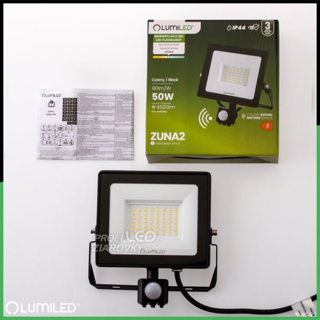 LED reflektor ZUNA2 50W 4500lm 4000K IP44 Black Senzor pohybu LUMILED
