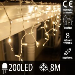 Svetelný záves vonkajší 8 m, 200 LED, teplá biela, 8 programov