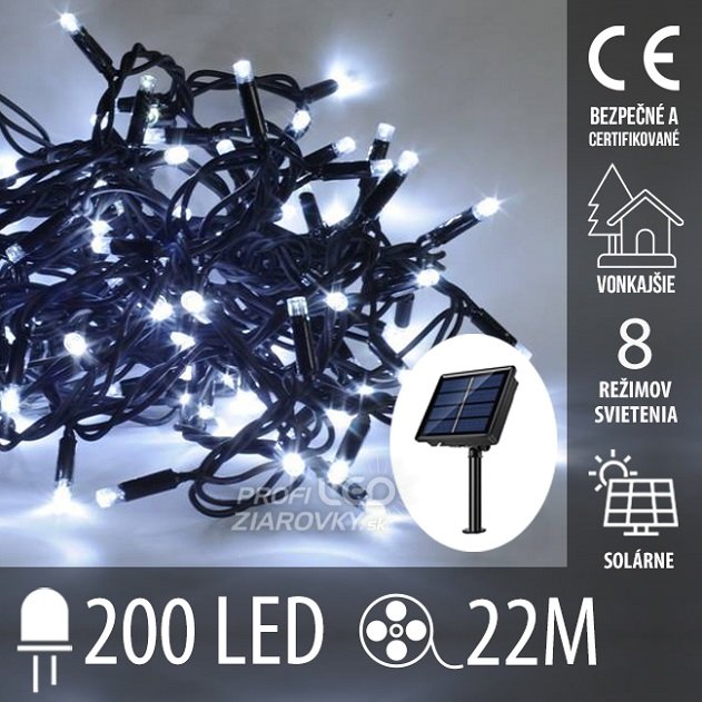 Svetelná reťaz vonkajšia solárna 22 m, 200 LED, studená biela, 8 programov