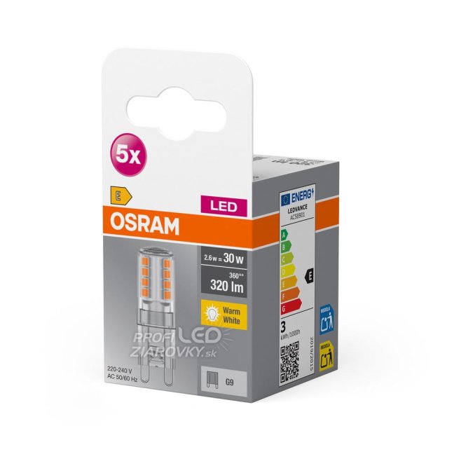 5x LED žiarovka G9 2,6W = 30W 320lm 2700K Warm 300° BASE Osram