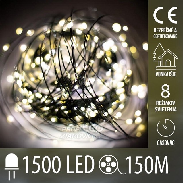 Svetelná mikro reťaz vonkajšia 150 m, 1500 LED, teplá biela, 8 programov, časovač, ovládač