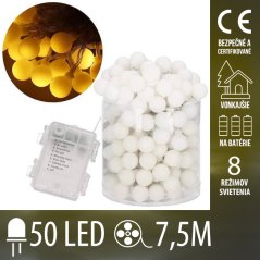Vianočná led svetelná reťaz na batérie - guľky - programy - 50led - 7,5m teplá biela