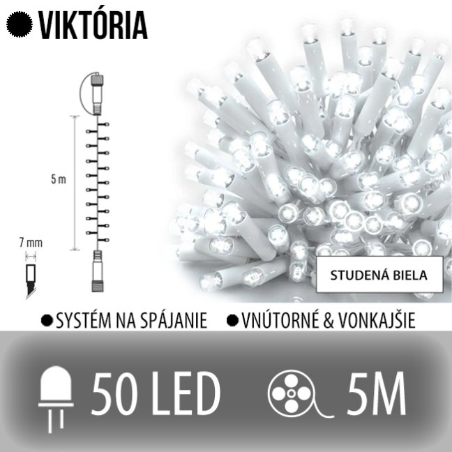 Viktória spojovateľná led svetelná reťaz vonkajšia - 50led - 5m studená biela - biely kábel