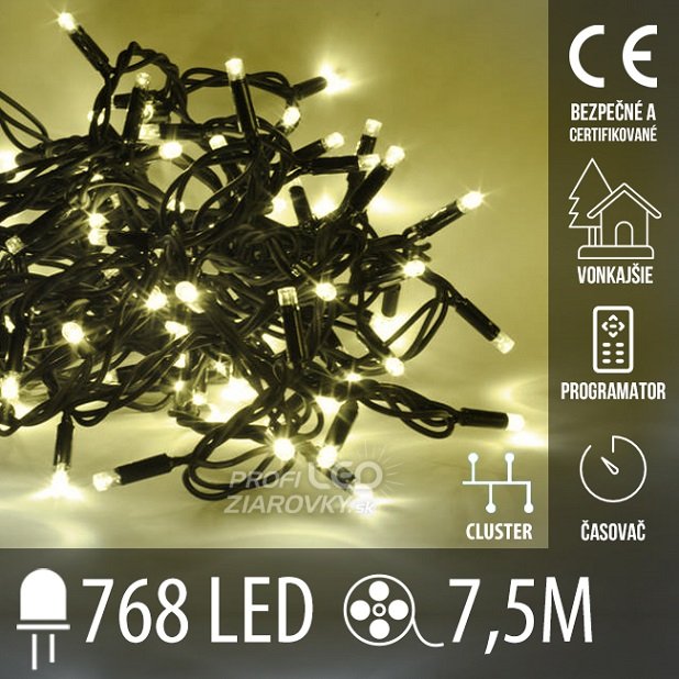 Svetelná reťaz cluster vonkajšia 7,5 m, 768 LED, teplá biela, 8 programov