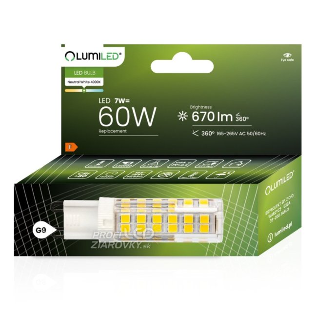 LED žiarovka G9 s päticou 7W = 60W 670lm 4000K Neutrálna 360° LUMILED
