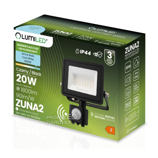 LED reflektor ZUNA2 20W 1800lm 6500K IP44 Black Senzor pohybu LUMILED