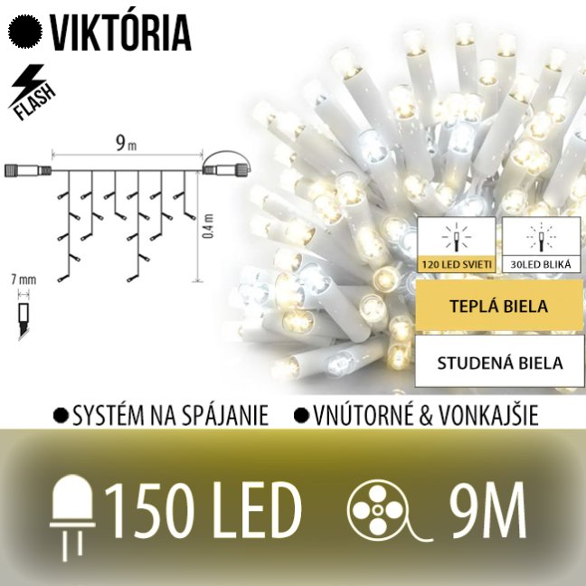 Viktória led svetelná záclona vonkajšia flash - 150led - 9m teplá biela / flash prebliknutie studená biela - biely kábel