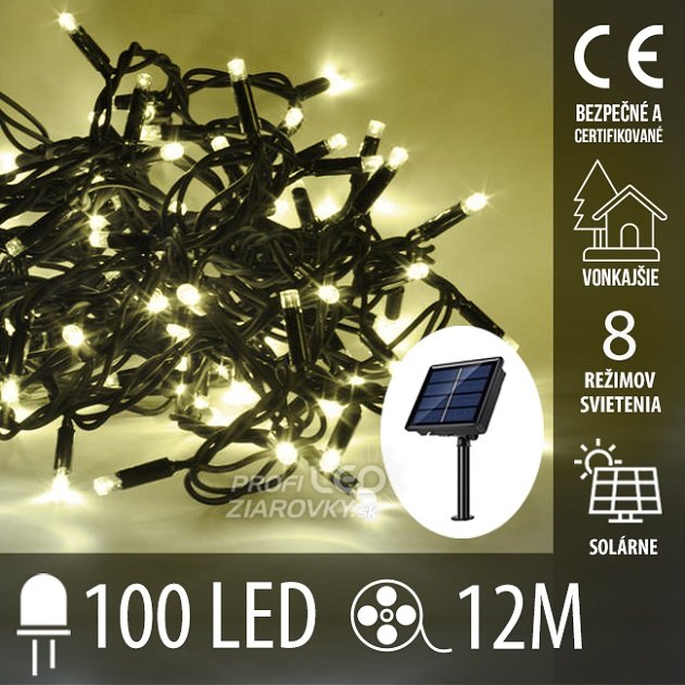Svetelná reťaz vonkajšia solárna 12 m, 100 LED, teplá biela, 8 programov