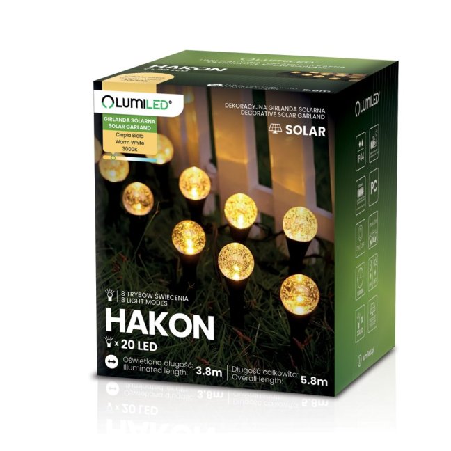 Solárna záhradná girlanda 20LED zapichovacia 5, 80m HAKON Lumiled