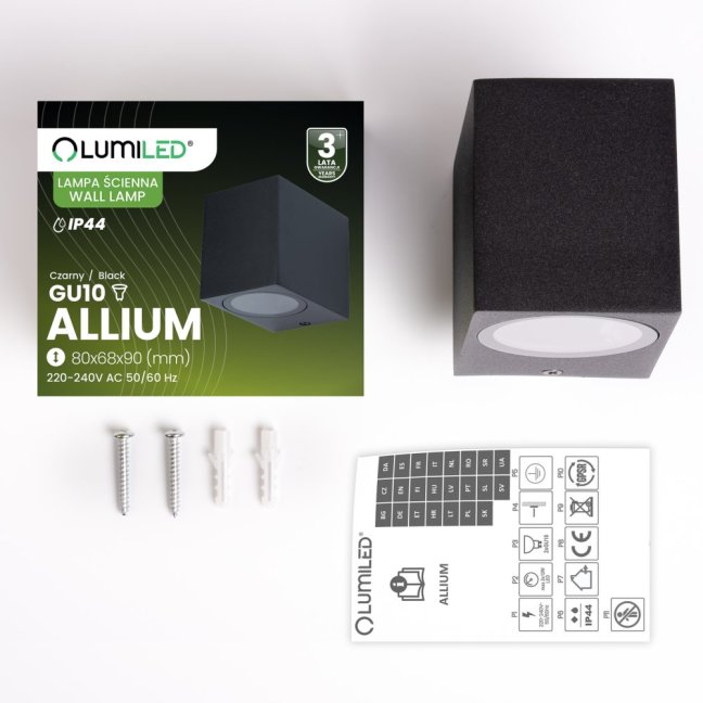 Vonkajšie nástenné fasádne svietidlo GU10 ALLIUM čierna štvorcové LUMILED