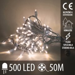 Svetelná reťaz vonkajšia 50 m, 500 LED, teplá biela, flash studená biela