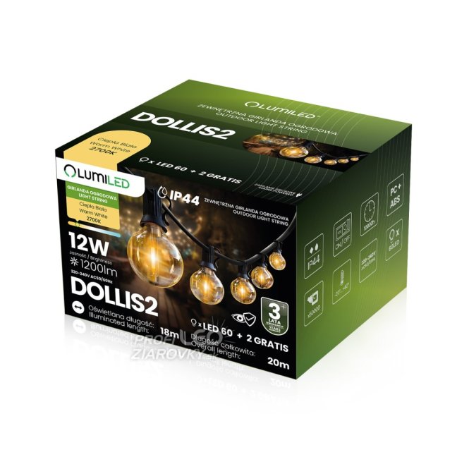 Záhradná svetelná reťaz Girland 20m 60x LED + 2 žiarovky 12W Warm 2700K DOLLIS2 LUMILED