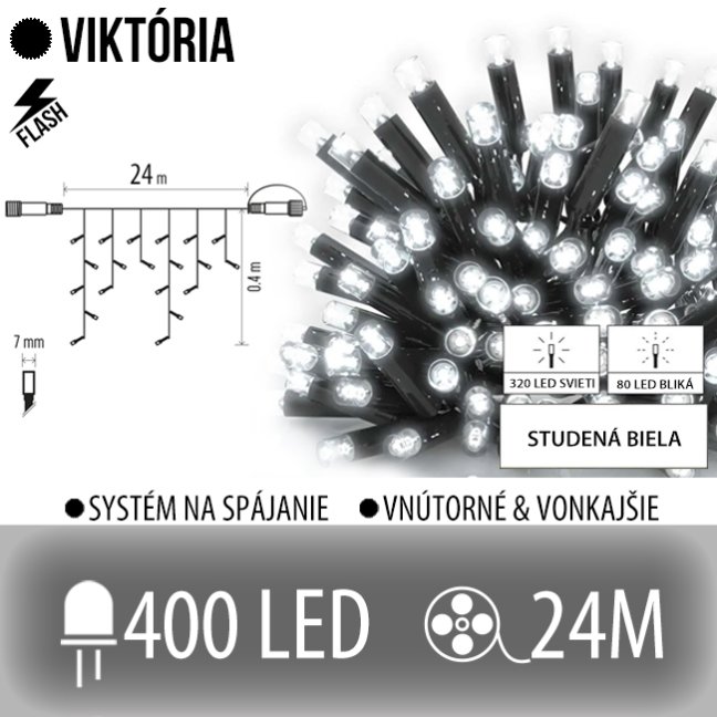 Viktória led svetelná záclona vonkajšia flash - 400led - 24m studená biela / flash prebliknutie studená biela