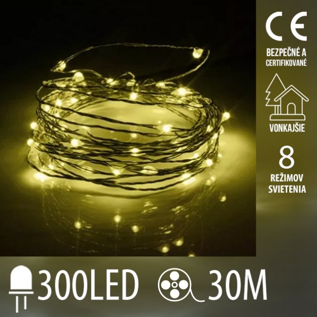 Vianočná led svetelná mikro reťaz vonkajšia + programator + diaľkové ovládanie - 300led - 30m teplá biela
