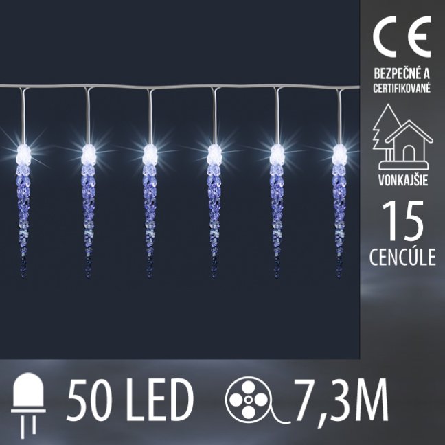 Vianočná led svetelná reťaz vonkajšia - 15 cencúle - 50led - 7,3m studená biela