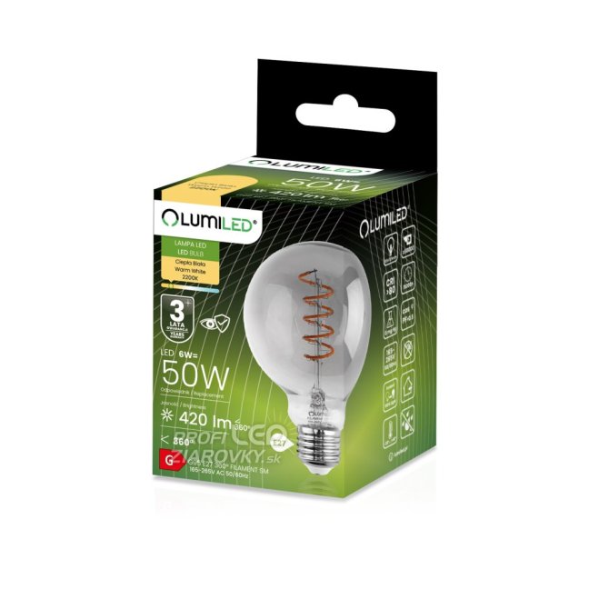 Dekoratívna LED žiarovka E27 G95 6W = 50W 420lm 2200K Teplé 360° vlákno LUMILED GLOBE Smokey