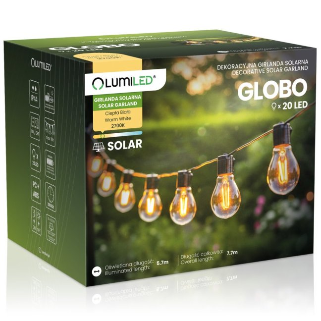 Solárna záhradná girlanda 20x LED dekoratívna žiarovka 7, 7m 2700K teplá LUMILED