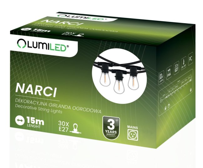 Záhradná vonkajšia svetelná reťaz Girland 15 m 30x E27 NARCI LUMILED