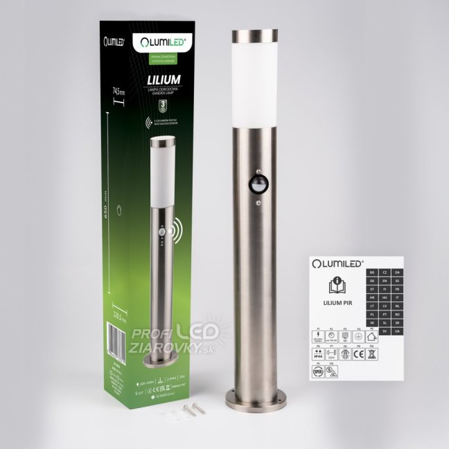 Záhradný stĺpik vonkajší E27 INOX 65cm so senzorom pohybu Lilium LUMILED