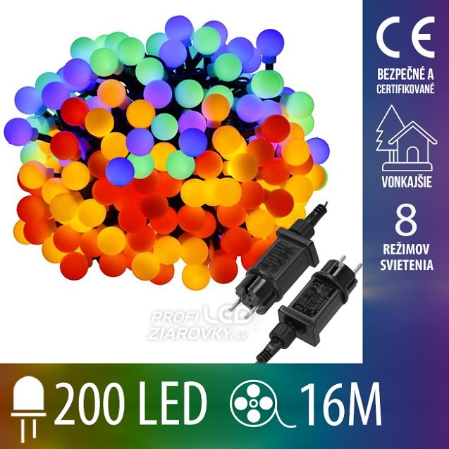 Svetelná reťaz s guľkami vonkajšia 16 m, 200 LED, farebná, svetelné programy