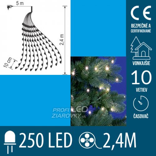Svetelná reťaz zväzok vonkajšia 2,4 m, 250 LED, studená biela