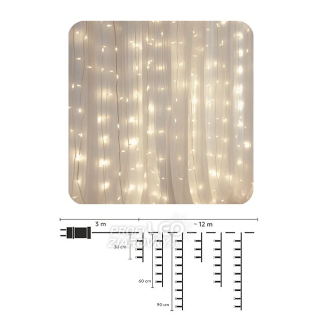 Svetelný záves vonkajší 12 m, 300 LED, teplá biela, na spájanie, svetelné programy