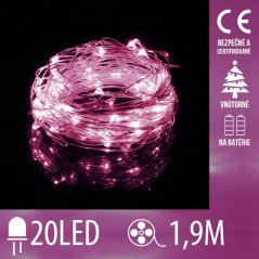 Svetelná mikro reťaz vnútorná na batérie 1,9 m, 20 LED, ružová